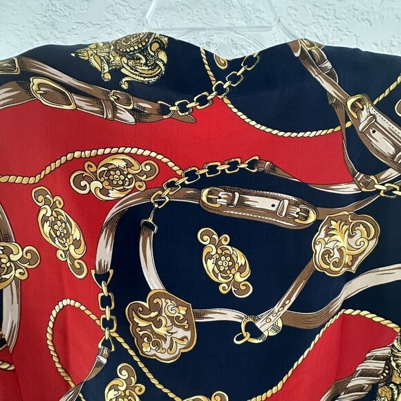 Vtg Stephanie Andrews 100% Silk Navy Red Button Dwn Blouse XS Corpcore Old Money - Picture 8 of 9